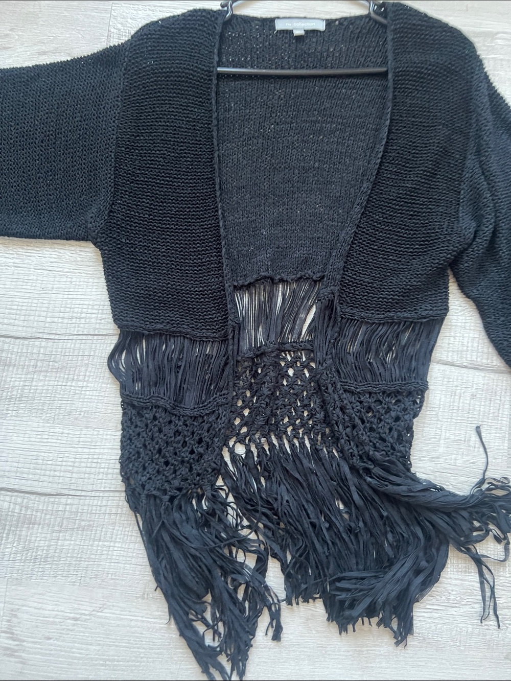 NY Collection Black Open-Weave Fringe Shrug
